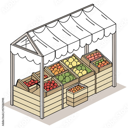 Isometric view of a fruit stand with various fruits in wooden crates under a white canopy structure