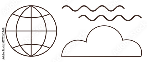 Globe grid, cloud shape, and wave lines representing connectivity, technology, environment, and communication. Ideal for concepts thumbs up internet, data, global reach weather climate networking