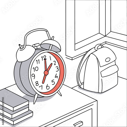 Illustration of an alarm clock next to books and a backpack on a bedside table near a window frame