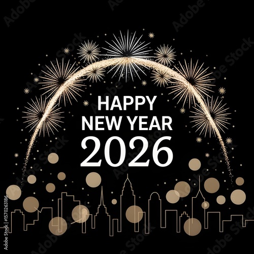 Celebrate happy new year 2026 with a dazzling fireworks display over a city skyline at night, happy new year 2026