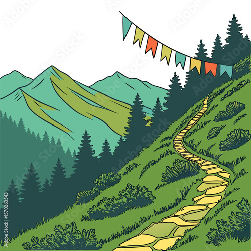 Illustration of a winding stone path leading up a grassy hill towards mountains and a festive banner line