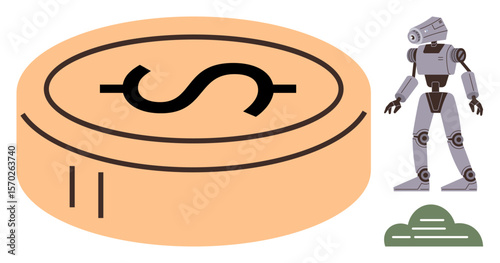 Robot standing beside a large coin with a dollar sign, symbolizing automation and financial innovation. Ideal for fintech, cost efficiency, robotics, wealth, AI, digital economy, simple flat metaphor