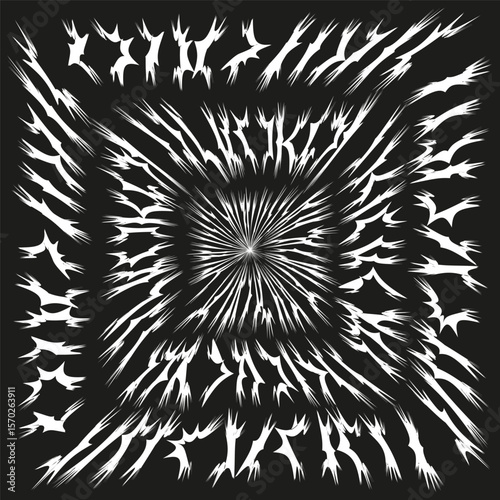 Square burst frame. Converging spike pattern. Dynamic star Vector. Energetic impact emblem.