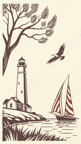 A striking lighthouse tower stands tall on a serene island coast, its beacon illuminating the vast sea under a dynamic sky