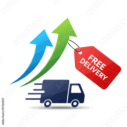Flat vector truk biru-merah dengan efek kecepatan dan tulisan “Free Shipping.” Menunjukkan layanan pengiriman gratis yang efisien
