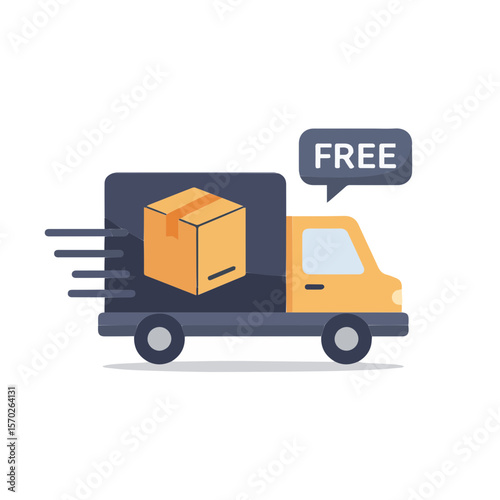 Modern flat icon showing a blue truck with motion lines and an arrow labeled “Free Delivery.” Ideal for ecommerce advertisements or app banners.