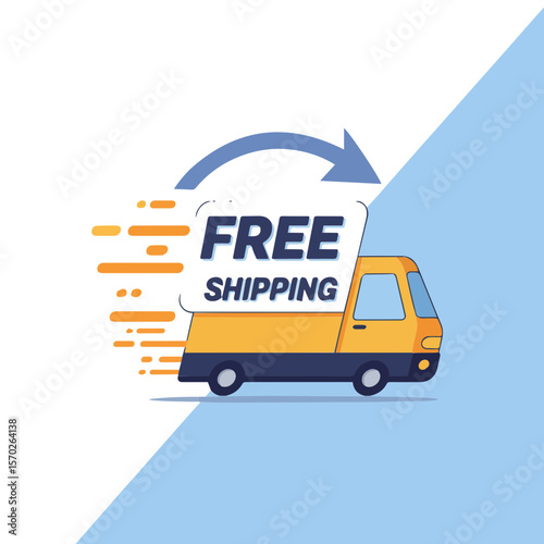 Blue and yellow delivery truck with “Free Shipping” label and arrow motion. Symbolizing online orders, fast logistics, and free delivery campaigns.