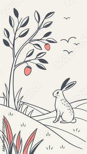 A whimsical cartoon illustration for Easter, featuring a charming bunny and a graceful bird on a floral branch, embodying the joyful spirit of spring nature
