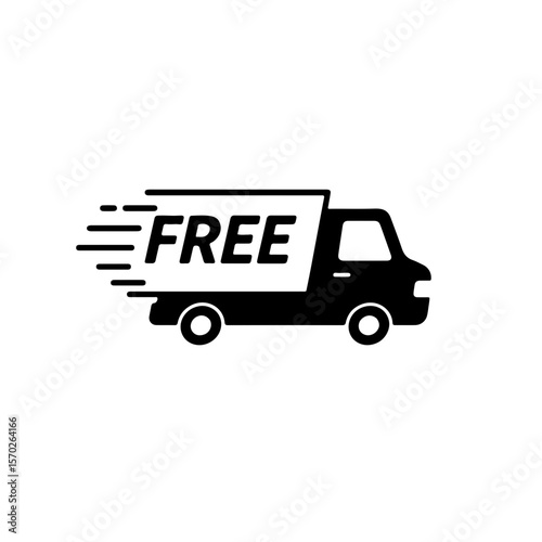 Minimalist black and white icon of a delivery truck with speed lines and bold “FREE” label. Perfect for use in ecommerce free shipping promotions.
