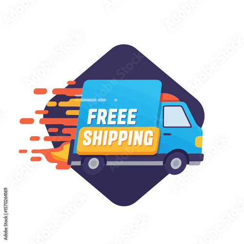 Flat design of red and blue delivery truck with fast motion lines and “Free Shipping” label. Represents quick and cost-free delivery for online shops.