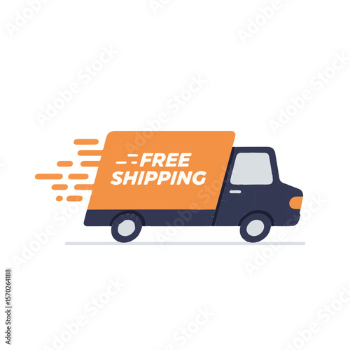 Illustration of orange delivery truck with motion lines and “Free Shipping” label. Flat style used for ecommerce shipping offers.