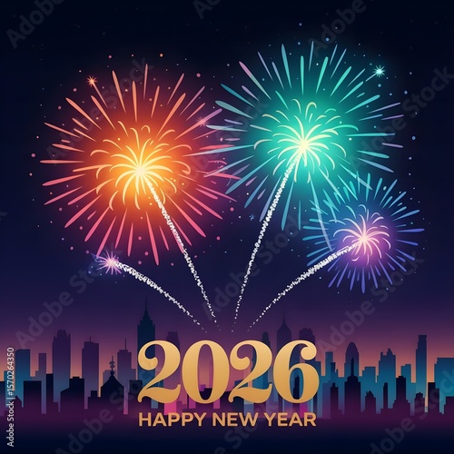 Vibrant fireworks illuminate the night sky above a city skyline celebrating the arrival of the new year 2026