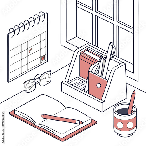 Isometric view of a desk with a calendar, glasses, notebook, pens, and a window in the background