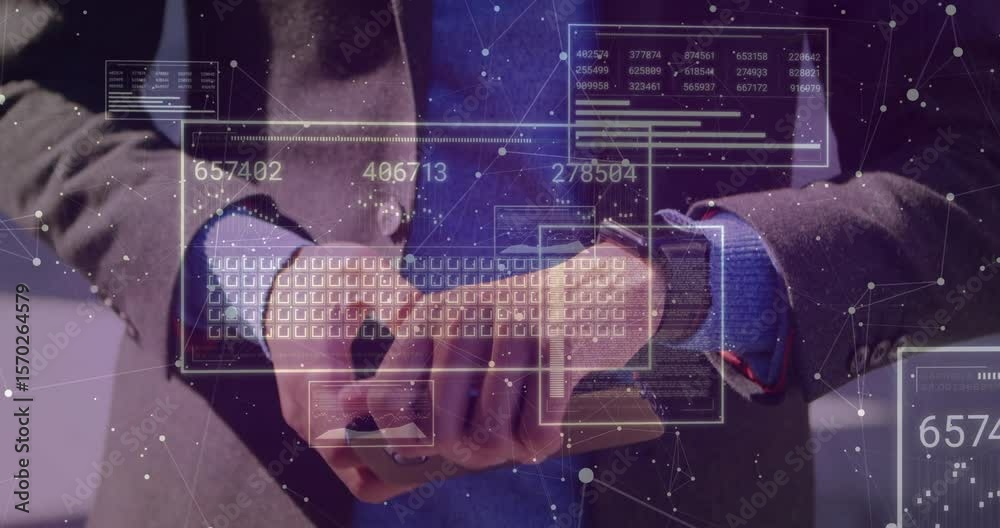 Man tapping smartwatch and swiping smartphone, activating holographic data panels in tech demo