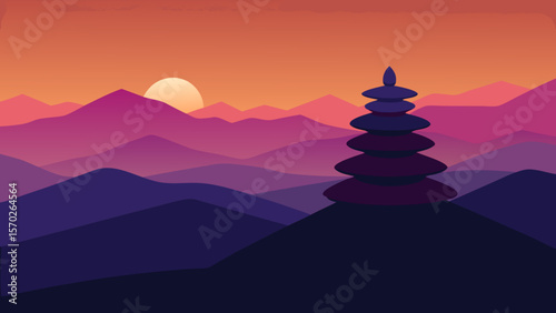 Golden sunlight illuminates a beautiful Buddhist temple nestled in the mountains, with prayer flags fluttering against the twilight sky