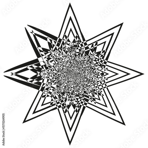 Monochrome star icon. Fractal burst Vector. Geometric optical illusion. Complex angular pattern.