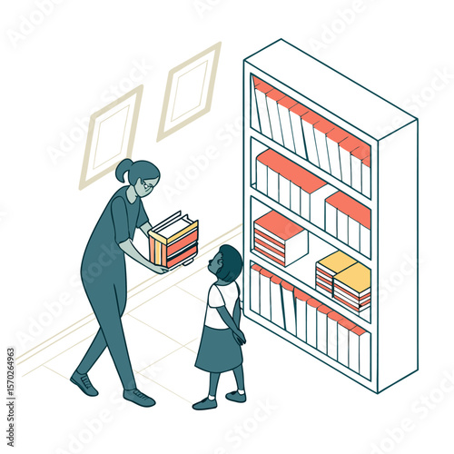 A woman hands books to a child in front of a bookshelf in a room with pictures on the wall space that is white
