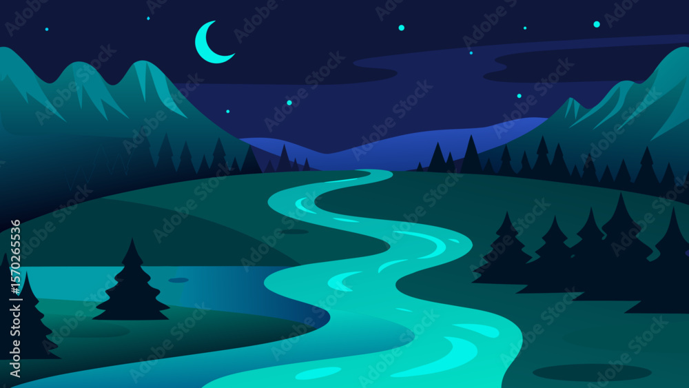 Fototapeta premium Serene Night Landscape Winding River Under Starlit Sky