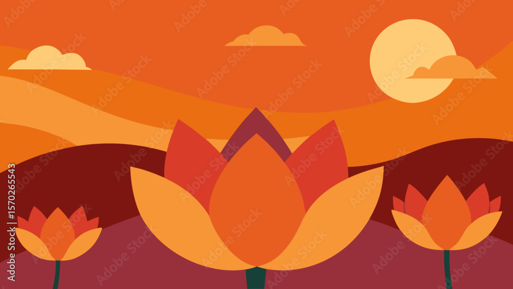 Fototapeta premium Sunset Serenity Lotus Flowers in a Calm Landscape Illustration