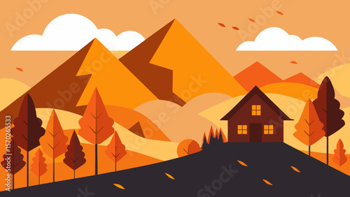 Autumn Mountain Landscape Cozy Cabin in the Fall Foliage