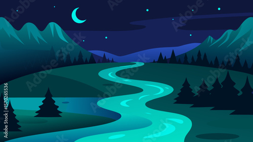 Serene Night Landscape Winding River Under Starlit Sky