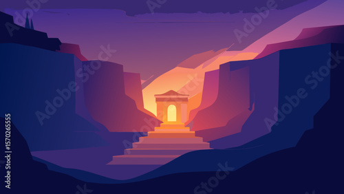 Sunset Canyon Temple A Serene Digital Painting of a Glowing Temple nestled within a majestic Canyon at Dusk