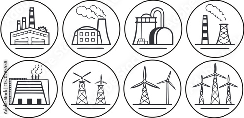 Comprehensive Set of Industrial and Energy Production Icons in Circular Frames - Line Art Vector Collection