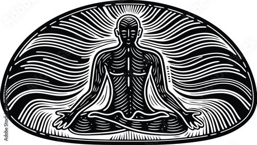 Meditating Human Figure with Energy Flow Black Lines.