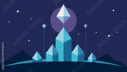 Crystalline Cityscape A Nighttime Fantasy Illustration of Geometric Crystals Under a Full Moon