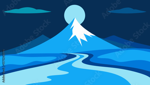 Serene Night Majestic Mountain Peak and Winding River Under Moonlight