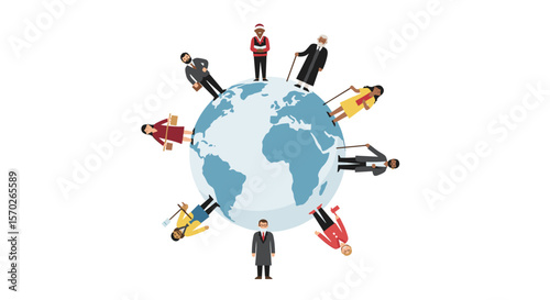 Diverse people standing around a globe representing global community view