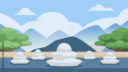 Serene Landscape White Stone Sculptures in a Calm Mountain Lake