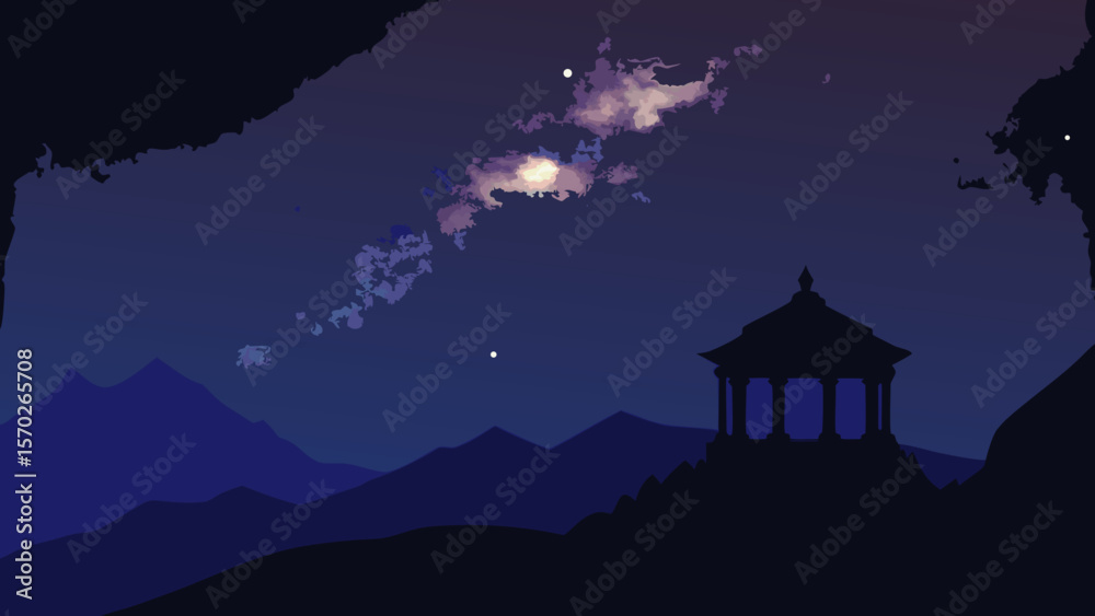Fototapeta premium Serene Nightscape Moonlit Mountains and Tranquil Pavilion