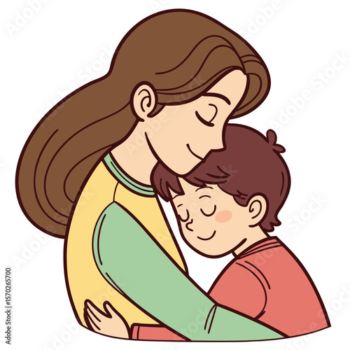Illustration of a mother with long brown hair hugging her son with brown hair and closed eyes smiling sweetly