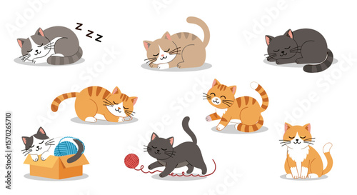 Collection of cute cartoon cats in various poses and activities vector