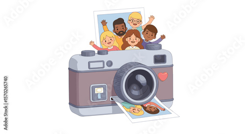 Cartoon camera with diverse group of people and printed photographs