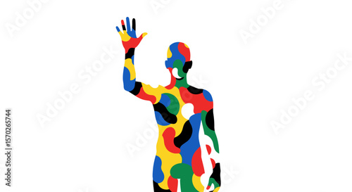 Colorful figure raising hand in greeting against a white background art
