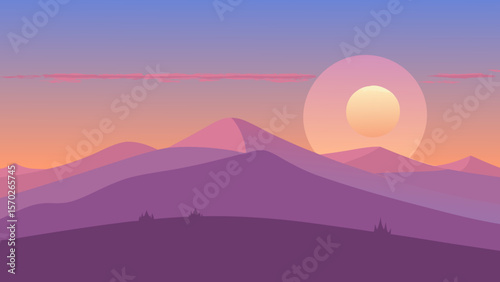 Golden sun dawning or dusk over majestic mountain landscapes, painting the sky with orange, red, and yellow hues, highlighting the natural beauty of the silhouetted peaks and clouds