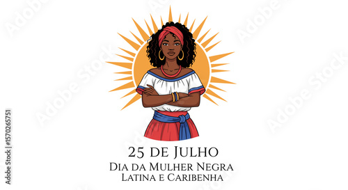 Illustration of a black woman in traditional dress with a sun behind