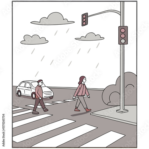 Illustration of two people crossing a zebra crossing under a rainy sky with a car and traffic light