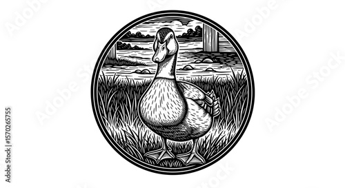 Illustration of a duck standing in grass with a lake in the background