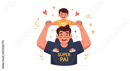 Father carrying son on shoulders with super pai message and decorations