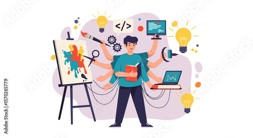 Illustration of a multitasking person with multiple arms and activities