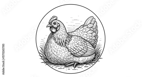 Illustration of a hen sitting in grass inside an oval shaped frame