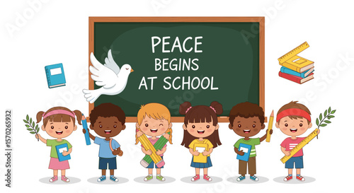 Illustration of children in front of a blackboard with peace message
