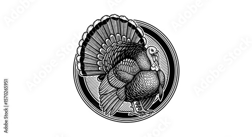 Illustration of a turkey with detailed feathers inside an oval frame