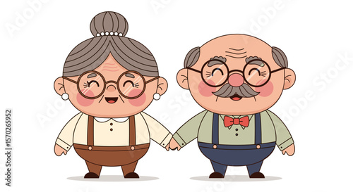 Cartoon elderly couple holding hands with smiles and wearing suspenders