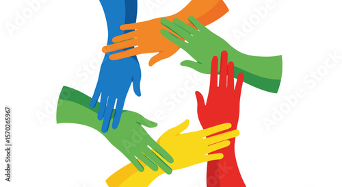 Colorful hands reaching in a circle symbolizing unity and cooperation