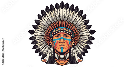 Illustration of a native american man wearing a feathered headdress