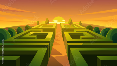 Sunset Maze A Serene Green Labyrinth at Golden Hour